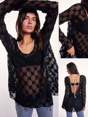 Free People Black Crochet Open Knit Deep Scoop Back Tie Top Size M Lace Cover Up